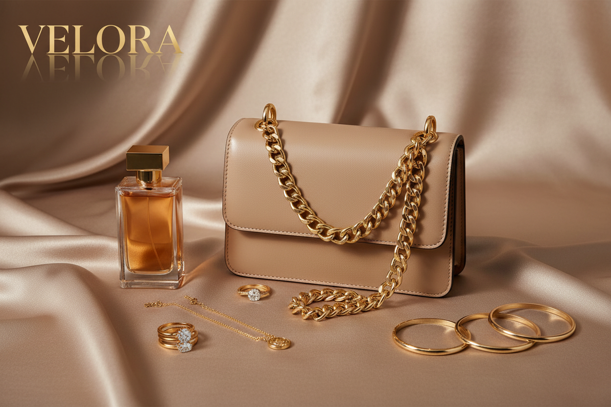 Bannière VELORA avec logo et bijoux