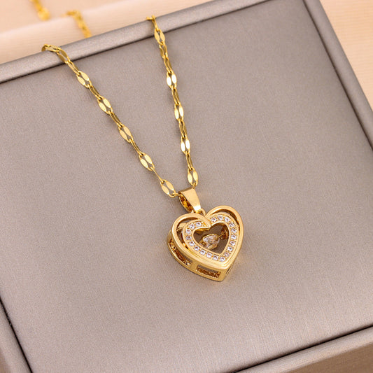 Double-Layer Rhinestone Heart Necklace